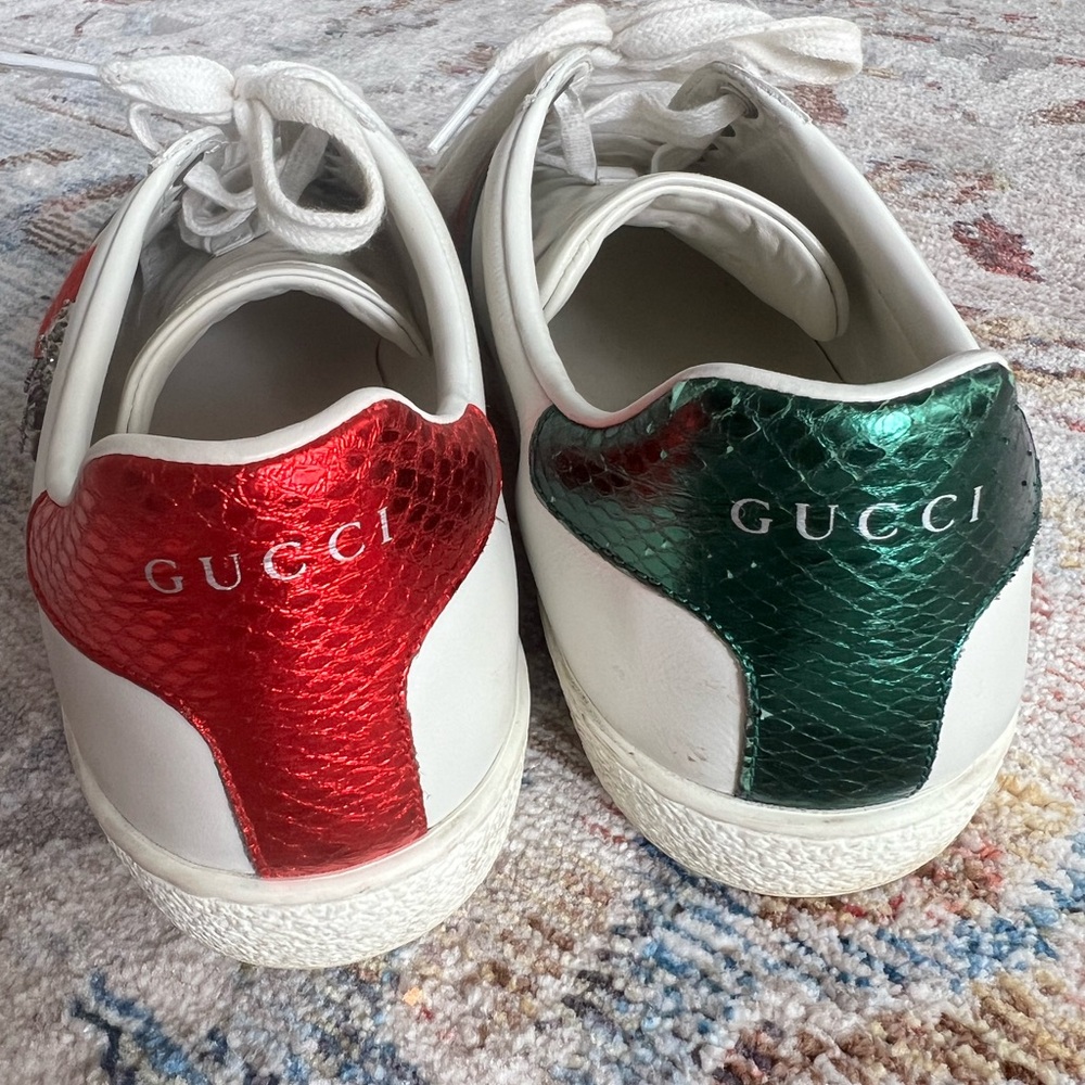 Gucci New Ace White Leather Red Heart Dagger Sword GG Flat Trainer Sneaker 38